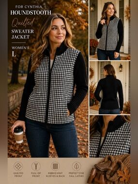 For Cynthia Houndstooth Quilted Knit Full Zip Sweater Jacket Women’s L